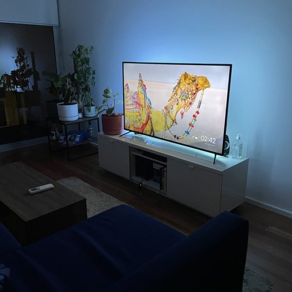Flat-screen TV wall mounted on drywall in residential home